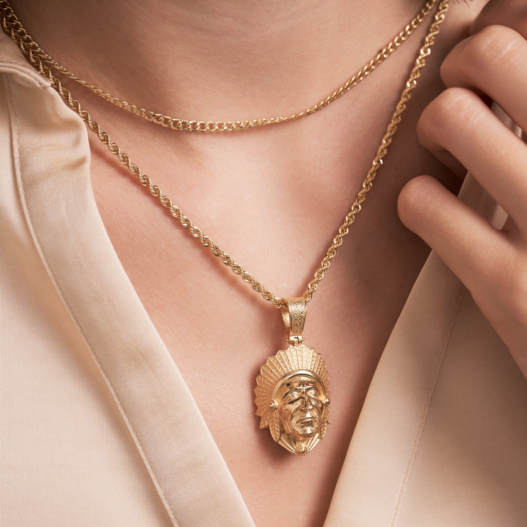 Gold Native American Warrior Charm with Feather Headdress Pendant