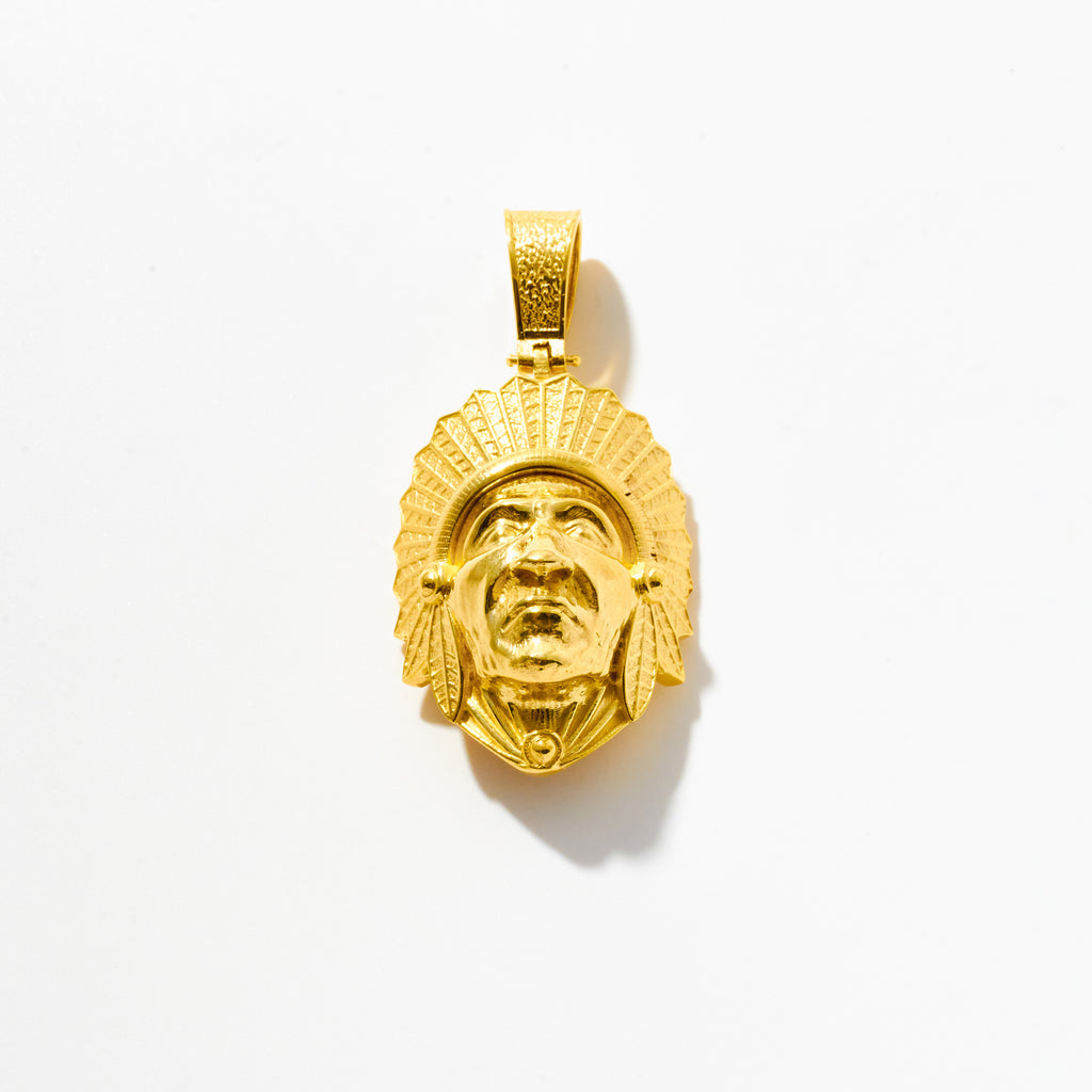 Gold Native American Warrior Charm with Feather Headdress Pendant
