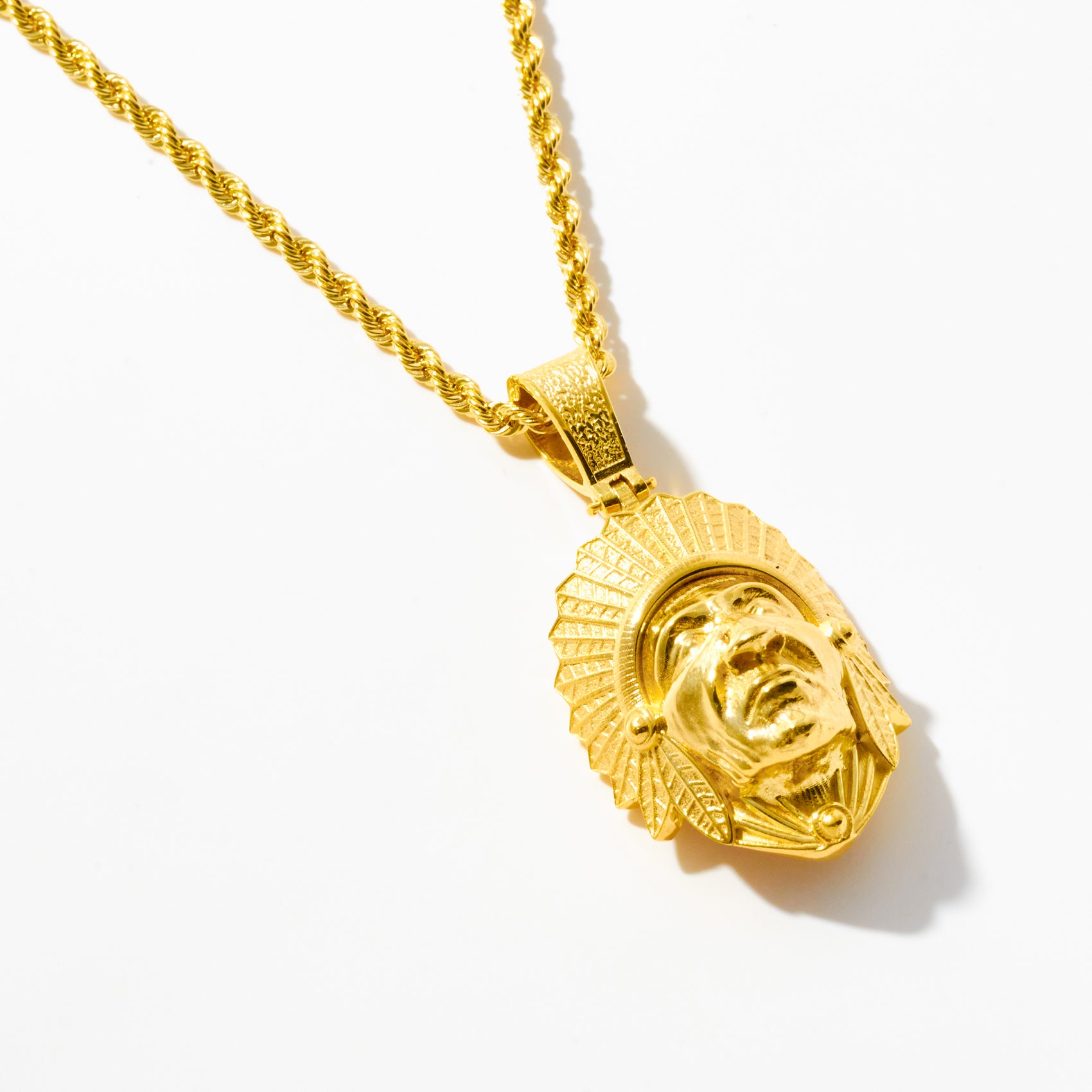 Gold Native American Warrior Charm with Feather Headdress Pendant