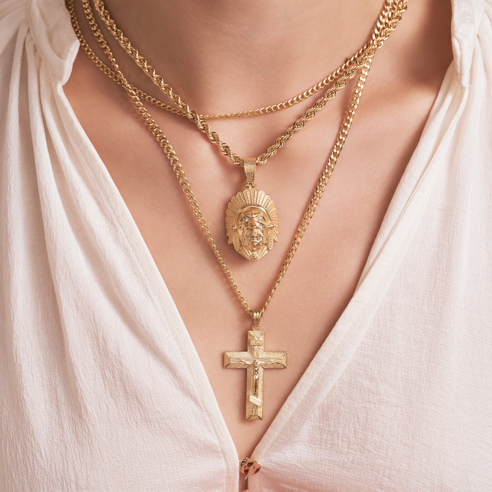 Gold Native American Warrior Charm with Feather Headdress Pendant